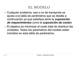 EL MODELO
 Cualquier problema, sea o no de transporte se
ajusta a la tabla de parámetros que se detalla a
continuación ya que satisface tanto la suposición
de requerimientos como la suposición de costos.
 El objetivo es minimizar el costo total de distribuir las
unidades. Todos los parámetros del modelo están
incluidos en esta tabla de parámetros.
7 Carlos J. Molestina Malta
 