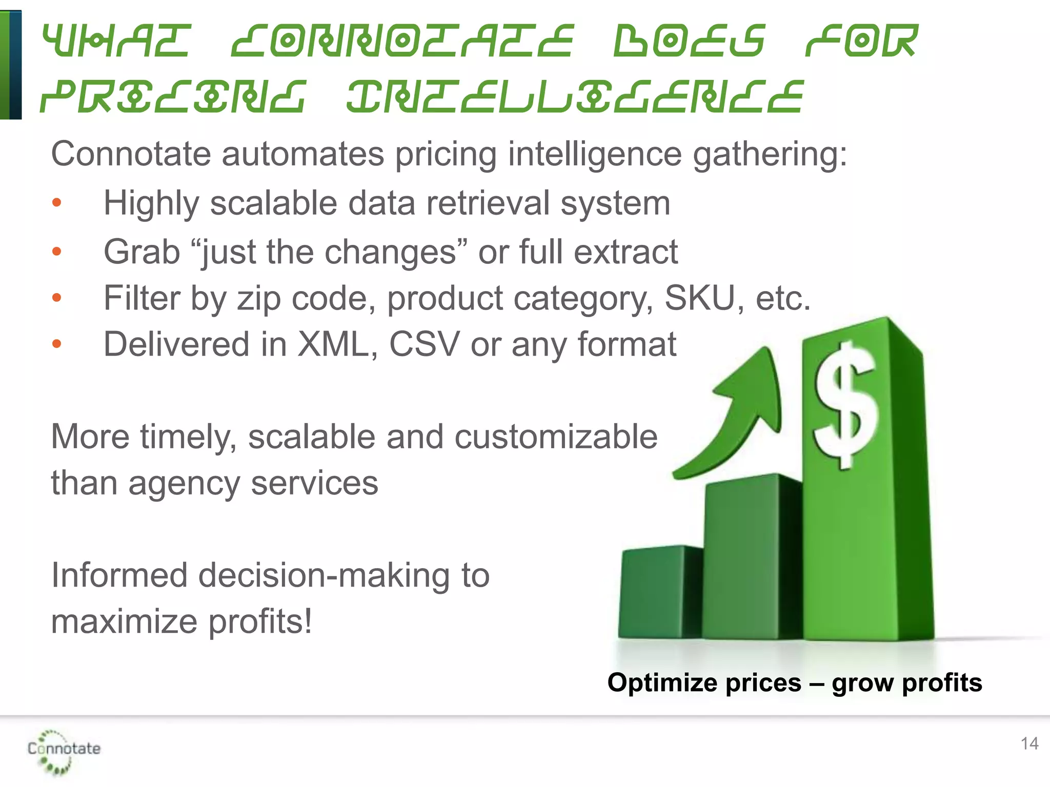 What Connotate Does for
Pricing Intelligence
Connotate automates pricing intelligence gathering:
• Highly scalable data retrieval system
• Grab “just the changes” or full extract
• Filter by zip code, product category, SKU, etc.
• Delivered in XML, CSV or any format
More timely, scalable and customizable
than agency services
Informed decision-making to
maximize profits!
14
Optimize prices – grow profits
 
