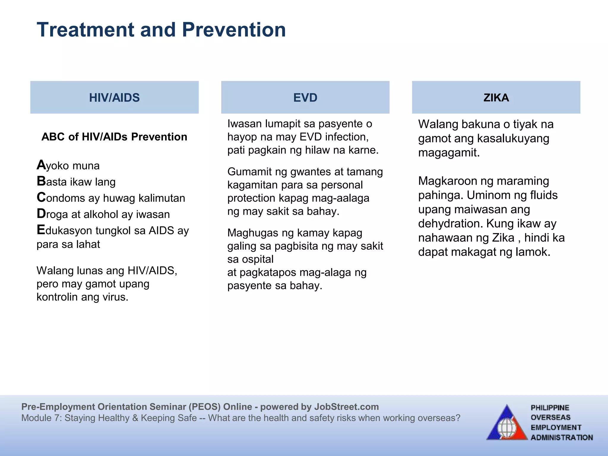 Pre-Employment Orientation Seminar (PEOS) Online - powered by JobStreet.com
Module 7: Staying Healthy & Keeping Safe -- What are the health and safety risks when working overseas?
Treatment and Prevention
HIV/AIDS EVD ZIKA
ABC of HIV/AIDs Prevention
Ayoko muna
Basta ikaw lang
Condoms ay huwag kalimutan
Droga at alkohol ay iwasan
Edukasyon tungkol sa AIDS ay
para sa lahat
Walang lunas ang HIV/AIDS,
pero may gamot upang
kontrolin ang virus.
Iwasan lumapit sa pasyente o
hayop na may EVD infection,
pati pagkain ng hilaw na karne.
Gumamit ng gwantes at tamang
kagamitan para sa personal
protection kapag mag-aalaga
ng may sakit sa bahay.
Maghugas ng kamay kapag
galing sa pagbisita ng may sakit
sa ospital
at pagkatapos mag-alaga ng
pasyente sa bahay.
Walang bakuna o tiyak na
gamot ang kasalukuyang
magagamit.
Magkaroon ng maraming
pahinga. Uminom ng fluids
upang maiwasan ang
dehydration. Kung ikaw ay
nahawaan ng Zika , hindi ka
dapat makagat ng lamok.
 