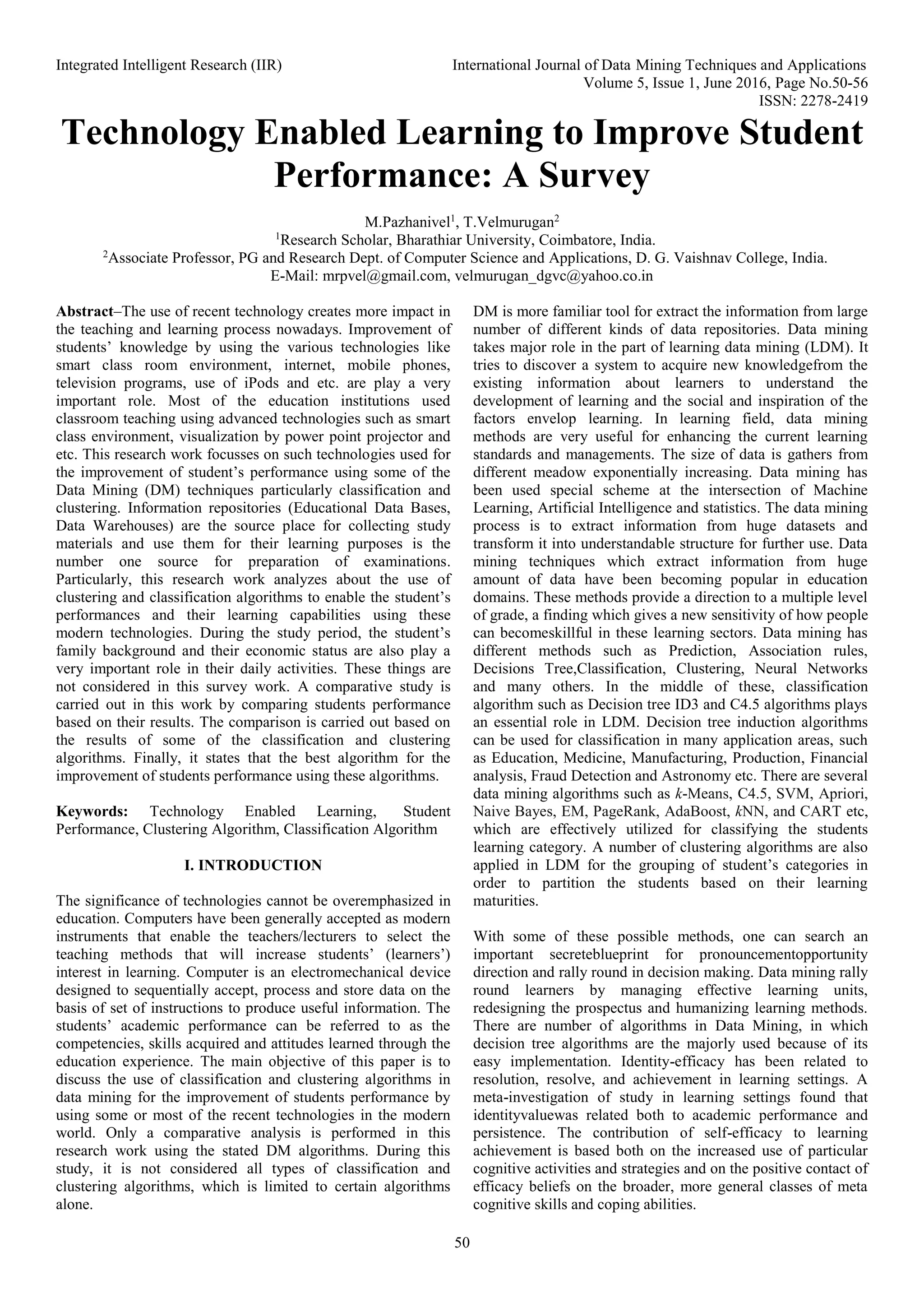 Technology Enabled Learning to Improve Student Performance: A Survey | PDF