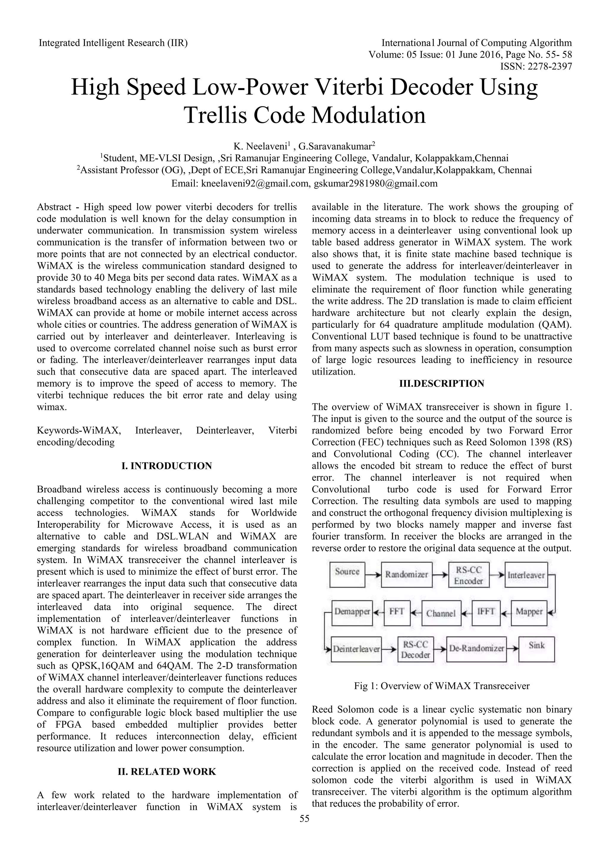High Speed Low-Power Viterbi Decoder Using Trellis Code Modulation | DOC