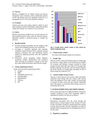 Int. J. Advanced Networking and Applications
Volume: 5 Issue: 6 Pages: 2129-2134 (2014) ISSN : 0975-0290
2132
1.2 Narrow:
Identify a candidate list of vendors. Screen out obvious
mismatches with evaluation criteria. Optionally perform
an RFI and further screen the candidate vendor list to a
manageable list of 2-5 for more detailed evaluation.
1.3 Evaluate:
Analyse and score each vendor solution’s ability to meet
each evaluation criterion individually. Optionally perform
a bake-off to further vet a solution’s fit as necessary.
1.4 Select:
Based on the priority-weighted score of each solution’s fit
and anecdotal analysis notes, select the desired solution.
Optionally perform a proof-of-concept to validate the
selection.
2. Benefits include:
• Provides detailed traceability and due diligence that
clearly and confidently justifies your conclusions
• Leverages a scientific approach that separates
evaluation criteria priorities from evaluation scoring
reducing evaluation bias and facilitating what-if
analysis by adjusting priorities after the completed
evaluation
• Perficient’s cloud computing vendor database
accelerates solution identification and evaluation
while ensuring the evaluation is based on the most
up-to-date market information and Perficient insight
3. Cloud computing providers:
Some of the top cloud computing providers:
• Google
• IBM
• AMAZON web services
• SALESFORCE
• MICROSOFT
• VMware
• HP
Fig 3. Graph shows which vendor is best suited for
cloud computing needs
4. Cloud storage vendors:
Two main cloud storage vendors are as follows:
1. Google App
With the online creation and sharing features, Google app
has become a major player in the cloud services market
for customer and business. Google unveiled its cloud
storage services earlier this year as part of its Google App
business offering. For $50 per user per month, business
get all the features of Google apps, including 25 GB of
cloud storage per employee. [23]
2. Amazon simple storage services
Amazon s3 from amazon web services offers potentially
unlimited cloud storage that also connect with various
client and appliances from other vendors. Pricing based
on amount of data stored and data transfer bandwidth
used. The purpose is to provide cloud storage services at
commodity prices [20].
7. CLOUD COMPUTING SECURITY ISSUES
Seven issues that need to be addressed before enterprises
consider switching to the cloud computing model is
identified by Gartner.[14] They are as follows:
1. Privileged user access
Information transmitted from the client through the
Internet poses a certain degree of risk, because of issues
of data ownership; enterprises should spend time getting
to know their providers and their regulations as much as
possible before assigning some trivial applications first to
test the water
2. Regulatory compliance
0%
2%
4%
6%
8%
10%
12%
14%
16%
18%
20%
Microsoft
Amazon
IBM
Google
Salesforce.com
Vmware
HP
Oracle/Sun
Citrix
EMC
others
 