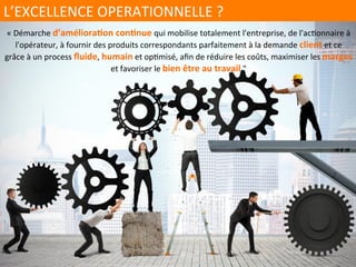 L’EXCELLENCE	OPERATIONNELLE	?	
«	Démarche	d’amélioraIon	conInue	qui	mobilise	totalement	l'entreprise,	de	l'acPonnaire	à	
l'opérateur,	à	fournir	des	produits	correspondants	parfaitement	à	la	demande	client	et	ce	
grâce	à	un	process	ﬂuide,	humain	et	opPmisé,	aﬁn	de	réduire	les	coûts,	maximiser	les	marges	
et	favoriser	le	bien	être	au	travail."	
		
 
