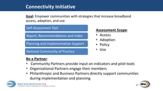 Goal: Empower communities with strategies that increase broadband
access, adoption, and use.
17
Connectivity Initiative
Self-Assessment Tool
Report, Recommendations and Index
Planning and Implementation Support
National Community of Practice
Assessment Scope:
• Access
• Adoption
• Policy
• Use
Be a Partner:
• Community Partners provide input on indicators and pilot tools
• Organizational Partners engage their members
• Philanthropic and Business Partners directly support communities
during implementation and planning
 