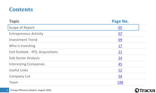 Energy Efficiency Report, August 20163
Contents
3
Topic Page No.
Scope of Report 05
Entrepreneur Activity 07
Investment Trend 09
Who is Investing 17
Exit Outlook - IPO, Acquisitions 21
Sub Sector Analysis 24
Interesting Companies 45
Useful Links 52
Company List 54
Team 198
 