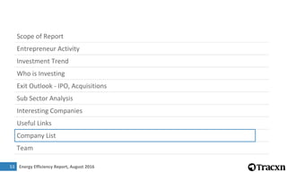 Energy Efficiency Report, August 2016
Scope of Report
Entrepreneur Activity
Investment Trend
Who is Investing
Exit Outlook - IPO, Acquisitions
Sub Sector Analysis
Interesting Companies
Useful Links
Company List
Team
3
53
 