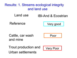 Results: 1. Streams ecological integrity  and land use Land use IBI-And & Ecostrian  Cattle, car wash  and mine Poor Trout production and Urban settlements   Very Poor Reference Very good 