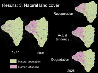 Results: 3. Natural land cover  2001 2025 1977 Actual tendency Degradation Recuperation Natural vegetation   Human influence   