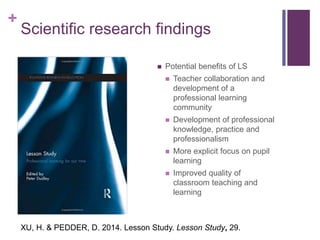 +
Scientific research findings
 Potential benefits of LS
 Teacher collaboration and
development of a
professional learning
community
 Development of professional
knowledge, practice and
professionalism
 More explicit focus on pupil
learning
 Improved quality of
classroom teaching and
learning
XU, H. & PEDDER, D. 2014. Lesson Study. Lesson Study, 29.
 