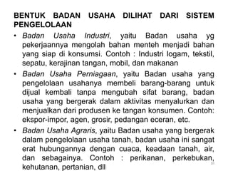 BENTUK BADAN USAHA DILIHAT DARI SISTEM
PENGELOLAAN
• Badan Usaha Industri, yaitu Badan usaha yg
pekerjaannya mengolah bahan menteh menjadi bahan
yang siap di konsumsi. Contoh : Industri logam, tekstil,
sepatu, kerajinan tangan, mobil, dan makanan
• Badan Usaha Perniagaan, yaitu Badan usaha yang
pengelolaan usahanya membeli barang-barang untuk
dijual kembali tanpa mengubah sifat barang, badan
usaha yang bergerak dalam aktivitas menyalurkan dan
menjualkan dari produsen ke tangan konsumen. Contoh:
ekspor-impor, agen, grosir, pedangan eceran, etc.
• Badan Usaha Agraris, yaitu Badan usaha yang bergerak
dalam pengelolaan usaha tanah, badan usaha ini sangat
erat hubungannya dengan cuaca, keadaan tanah, air,
dan sebagainya. Contoh : perikanan, perkebukan,
kehutanan, pertanian, dll
10
 