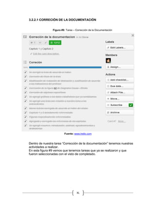XL
3.2.2.1 CORRECIÓN DE LA DOCUMENTACIÓN
Figura #9: Tarea – Corrección de la Documentación
Fuente: www.trello.com
Dentro de nuestra tarea “Corrección de la documentación” tenemos nuestras
actividades a realizar.
En esta figura #9 vemos que tenemos tareas que ya se realizaron y que
fueron seleccionadas con el visto de completado.
 