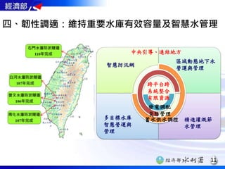 11
四、韌性調適：維持重要水庫有效容量及智慧水管理
發電調配
災防管理
蓄水供水調控
中央引導、連結地方
跨平台跨
系統整合
有限資源
區域動態地下水
營運與管理
智慧防汛網
精進灌溉節
水管理
多目標水庫
智慧營運與
管理
 