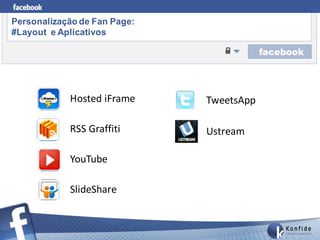 Personalização de Fan Page:
#Layout e Aplicativos




            Hosted iFrame     TweetsApp

            RSS Graffiti      Ustream

            YouTube

            SlideShare
 
