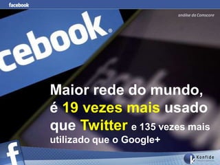 análise da Comscore




Maior rede do mundo,
é 19 vezes mais usado
que Twitter e 135 vezes mais
utilizado que o Google+
 