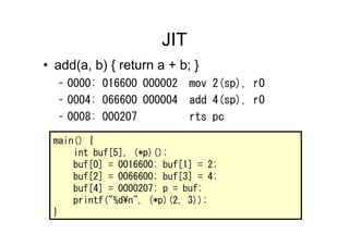 JIT
• add(a, b) { return a + b; }
  – 0000: 016600 000002     mov 2(sp), r0
  – 0004: 066600 000004     add 4(sp), r0
  – 0008: 000207            rts pc

 main() {
     int buf[5], (*p)();
     buf[0] = 0016600; buf[1] = 2;
     buf[2] = 0066600; buf[3] = 4;
     buf[4] = 0000207; p = buf;
     printf("%d¥n", (*p)(2, 3));
 }
 
