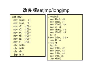 改良版setjmp/longjmp
_setjmp2:         _longjmp2:
  mov (sp)+, r1     mov 4(sp), r0
                    mov 2(sp), r1
  mov (sp), r0      mov 10(r1), sp
  mov r2, (r0)+     mov sp, r2
  mov r3, (r0)+     mov 14(r1), r3
  mov r4, (r0)+     mov 16(r1), r4
  mov r5, (r0)+     br 1f
                  0:mov (r3)+, (r2)+
  mov sp, (r0)+     sub $2, r4
  mov r1, (r0)+   1:tst r4
  clr (r0)+         bgt 0b
  clr (r0)          mov (r1)+, r2
  clr r0            mov (r1)+, r3
                    mov (r1)+, r4
  jmp (r1)          mov (r1), r5
                    jmp *4(r1)
 