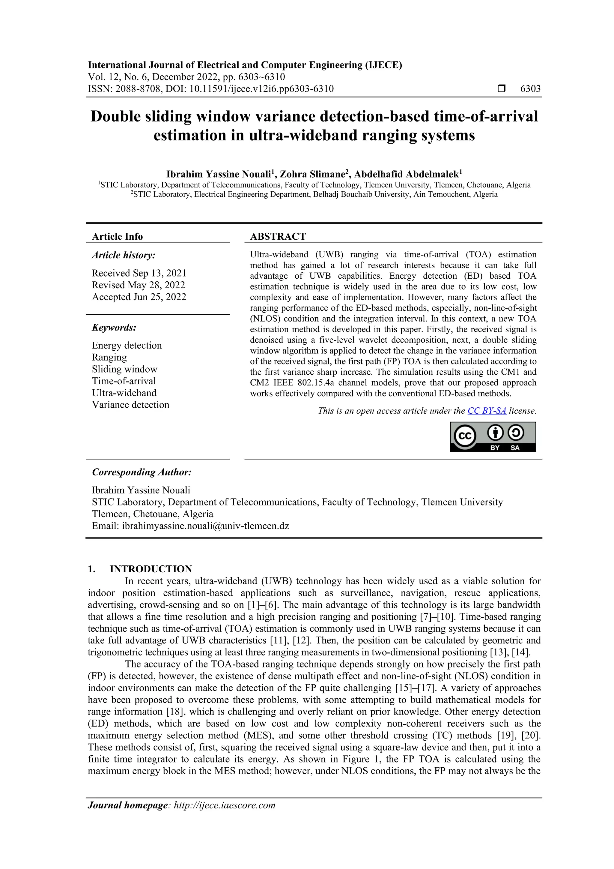 Double sliding window variance detectionbased timeofarrival