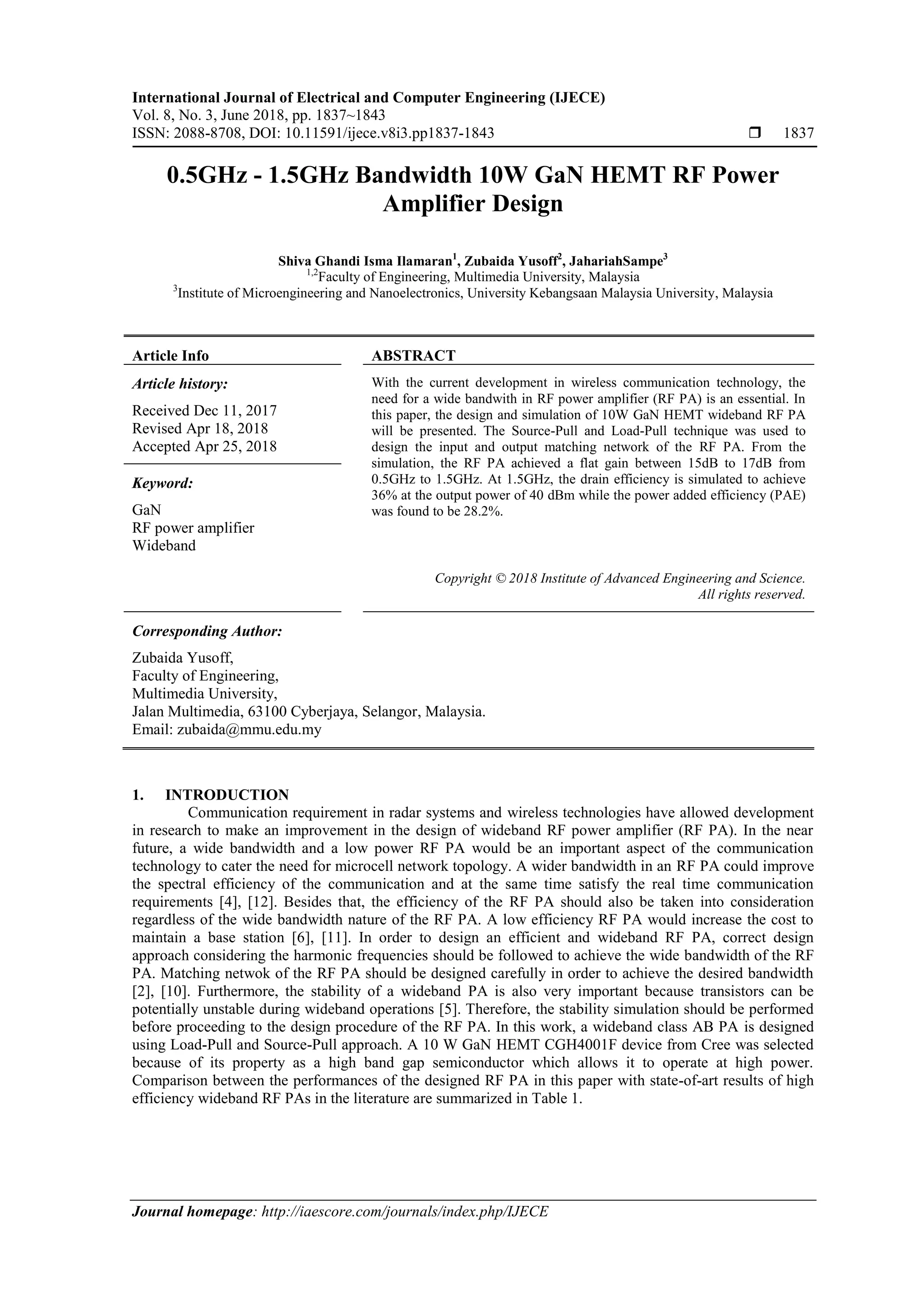 0.5GHz - 1.5GHz Bandwidth 10W GaN HEMT RF Power Amplifier Design | PDF