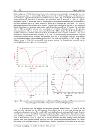  ISSN: 2088-8708
Int J Elec & Comp Eng, Vol. 13, No. 1, February 2023: 619-628
624
there is a dip near 10 GHz in impedance locus which results in two resonant modes exciting at the very near
design frequency. It can be mentioned that the fundamental mode of the designed antenna is broken into two
near orthogonal degenerate resonant modes and these modes form a dip in the Smith chart indicating the
existence of circular polarization in the antenna. For realization, when an RF signal of a patch is a quarter
wavelength leading to another RF signal of the same patch, these two resonant modes will be stimulated at
the same amplitude but in 90 phase differences. Figure 4(c) illustrates two axial ratios (AR) over the
operating frequency of the proposed array antenna. The axial ratio is nothing but the ratio of two orthogonal
electric fields that were generated after feeding each element by two different RF signals. The axial ratio
below 3 dB is accepted for antenna to be recognized as a circularly polarized antenna. At the operating
frequency, antenna achieves an axial ratio value of almost 0.7 dB far deeper than 3 dB which indicates a
good CP generation of antennas radiated field. Here, the bandwidth of the axial ratio is about 0.8 GHz, which
is about 80% reference to the center frequency of 10 GHz. This implies that the presented antenna has good
circular polarization at design frequency. The simulated ADS gain of the proposed triple feed array antenna
over its frequency range is demonstrated in Figure 4(d). The peak gain simulated by ADS is near 12 dBi
obtained at near 10 GHz which is reasonable being an array antenna. The simulated gain is smooth over its
operating frequency and highest at a resonant point.
(a) (b)
(c) (d)
Figure 4. The simulated parameters (a) reflection coefficient and (b) input impedance of the antenna, (c) axial
ratio, and (d) gain curve of the array antenna over its operating frequency
At the resonant point, the radiation diagram of the antenna is shown in Figure 5 by both 3D and 2D
polar plot after carrying out far field analysis. From Figure 5(a) it is vivid that antenna has neat
omnidirectional radiation pattern. The both E and H-plane leading beam is pointing at the boresight direction
where H-plane possesses ‘dumb-bell’ shape radiation pattern in Figure 5(b). From the 2D radiation pattern,
some sidelobe is seen which could be a reason for unwanted radiation from slot line placed on backside. The
width of the slotted line should be kept as low as possible in order to prevent it working from as a slot-line
antenna. Apart from spurious radiation from feed line could hamper antennas radiation pattern. The current
distribution of the proposed antenna is shown in Figure 6 where from Figure 6(a) to observe the maximum
 