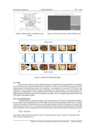 Int J Elec & Comp Eng ISSN: 2088-8708 
PithaNet: A transfer learning-based approach for traditional … (Shahriar Shakil)
5435
Figure 3. Representation of samples in every
classes
Figure 4. Treemap of the size of train, validation, test
Figure 5. Original and augmented images
3.2. CNN
Most recently, CNNs have made significant advances in deep learning. It has resulted in a remarkable
rise in the accuracy of image identification and recognition. A CNN is a sort of ANN that is mostly used for
image detection and processing because of its capacity to spot patterns in visual data. CNN was the top
contender for our experiment because feature engineering is not required there. If we used traditional ML
approach in our pitha dataset, we also needed to use some feature extraction algorithms for feature selection in
different types and shapes of pithas and it would take a lot of time. Also, we compare handcrafted features with
CNN where CNN performs better.
3.2.1. Convolutional layer
Filtering actions are carried out mostly via convolutional layers. This layer is responsible for handling
the vast majority of the computations of a CNN model. In order to construct the feature map, the set of images
is fed into the surface. The kernel, also known as the feature detector, will look for features in the image. The
kernel size can vary, but 3×3 or 5×5 matrices are commonly used. Following the convolution layer, the rectified
linear unit (ReLU), which is frequently used in neural networks, performs the nonlinear activation process [24].
𝑅(𝑧) = 𝑚𝑎𝑥⁡
(0, 𝑧) (1)
Any negative input causes the function to return 0, while any positive value 𝑧 causes it to return that value.
Thus, it may be expressed as (1).
 