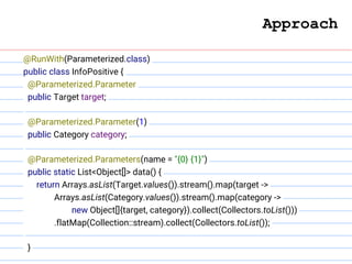 @RunWith(Parameterized.class)
public class InfoPositive {
@Parameterized.Parameter
public Target target;
@Parameterized.Parameter(1)
public Category category;
@Parameterized.Parameters(name = "{0} {1}")
public static List<Object[]> data() {
return Arrays.asList(Target.values()).stream().map(target ->
Arrays.asList(Category.values()).stream().map(category ->
new Object[]{target, category}).collect(Collectors.toList()))
.flatMap(Collection::stream).collect(Collectors.toList());
}
Approach
 