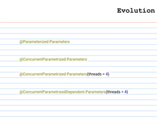 Evolution
@ConcurrentParametrizedDependent.Parameters(threads = 4)
@Parameterized.Parameters
@ConcurrentParametrized.Parameters
@ConcurrentParametrized.Parameters(threads = 4)
 