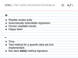 +/-
+
● Flexible smoke suite
● Automatically extendable regression
● Human readable results
● Happy team
-
● Time
● Test method for a specific data set (not
implemented)
● Not clear data() method signature
 