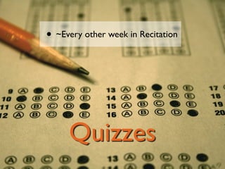 • ~Every other week in Recitation




     Quizzes
 