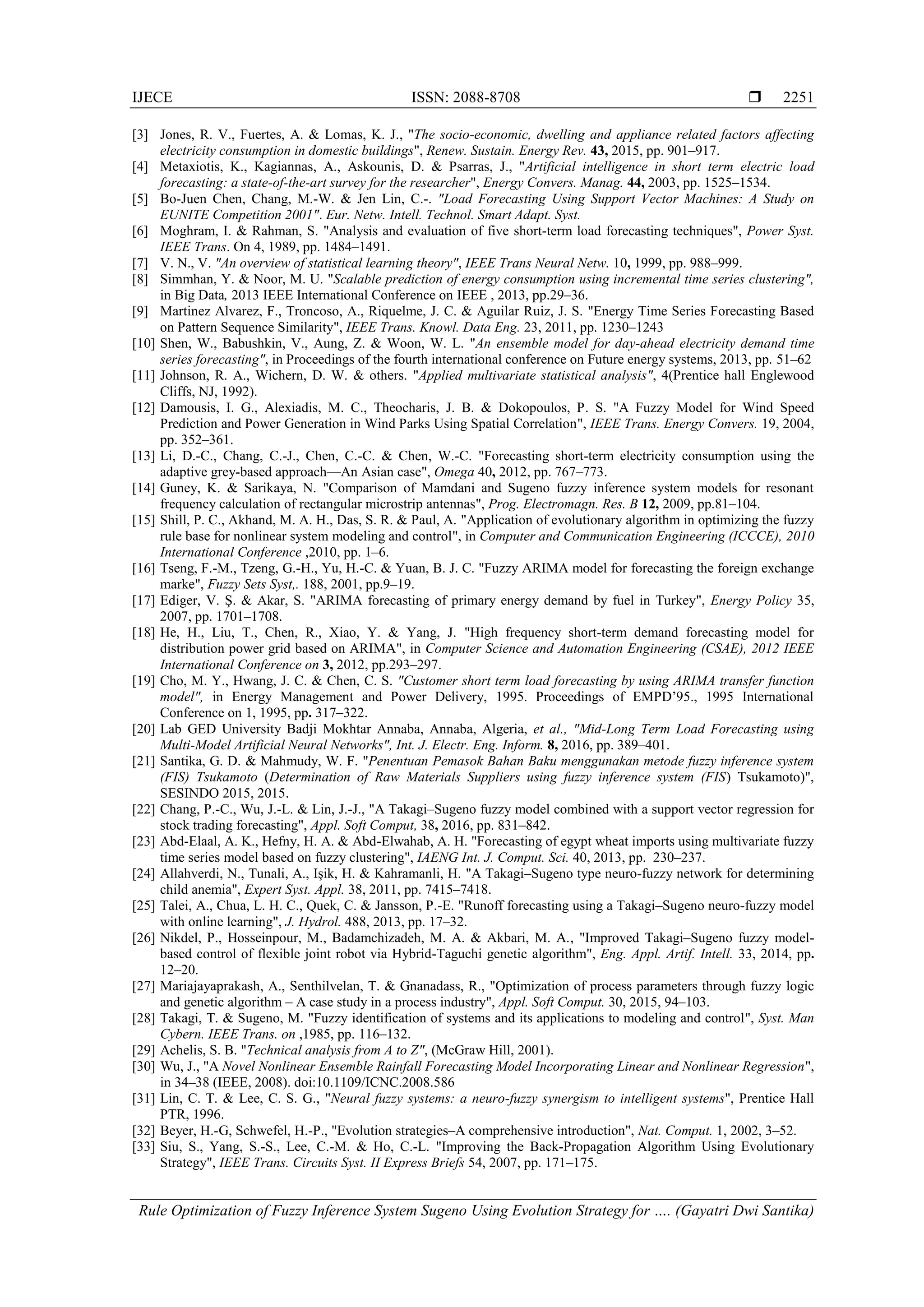 IJECE ISSN: 2088-8708 
Rule Optimization of Fuzzy Inference System Sugeno Using Evolution Strategy for …. (Gayatri Dwi Santika)
2251
[3] Jones, R. V., Fuertes, A. & Lomas, K. J., "The socio-economic, dwelling and appliance related factors affecting
electricity consumption in domestic buildings", Renew. Sustain. Energy Rev. 43, 2015, pp. 901–917.
[4] Metaxiotis, K., Kagiannas, A., Askounis, D. & Psarras, J., "Artificial intelligence in short term electric load
forecasting: a state-of-the-art survey for the researcher", Energy Convers. Manag. 44, 2003, pp. 1525–1534.
[5] Bo-Juen Chen, Chang, M.-W. & Jen Lin, C.-. "Load Forecasting Using Support Vector Machines: A Study on
EUNITE Competition 2001". Eur. Netw. Intell. Technol. Smart Adapt. Syst.
[6] Moghram, I. & Rahman, S. "Analysis and evaluation of five short-term load forecasting techniques", Power Syst.
IEEE Trans. On 4, 1989, pp. 1484–1491.
[7] V. N., V. "An overview of statistical learning theory", IEEE Trans Neural Netw. 10, 1999, pp. 988–999.
[8] Simmhan, Y. & Noor, M. U. "Scalable prediction of energy consumption using incremental time series clustering",
in Big Data, 2013 IEEE International Conference on IEEE , 2013, pp.29–36.
[9] Martinez Alvarez, F., Troncoso, A., Riquelme, J. C. & Aguilar Ruiz, J. S. "Energy Time Series Forecasting Based
on Pattern Sequence Similarity", IEEE Trans. Knowl. Data Eng. 23, 2011, pp. 1230–1243
[10] Shen, W., Babushkin, V., Aung, Z. & Woon, W. L. "An ensemble model for day-ahead electricity demand time
series forecasting", in Proceedings of the fourth international conference on Future energy systems, 2013, pp. 51–62
[11] Johnson, R. A., Wichern, D. W. & others. "Applied multivariate statistical analysis", 4(Prentice hall Englewood
Cliffs, NJ, 1992).
[12] Damousis, I. G., Alexiadis, M. C., Theocharis, J. B. & Dokopoulos, P. S. "A Fuzzy Model for Wind Speed
Prediction and Power Generation in Wind Parks Using Spatial Correlation", IEEE Trans. Energy Convers. 19, 2004,
pp. 352–361.
[13] Li, D.-C., Chang, C.-J., Chen, C.-C. & Chen, W.-C. "Forecasting short-term electricity consumption using the
adaptive grey-based approach—An Asian case", Omega 40, 2012, pp. 767–773.
[14] Guney, K. & Sarikaya, N. "Comparison of Mamdani and Sugeno fuzzy inference system models for resonant
frequency calculation of rectangular microstrip antennas", Prog. Electromagn. Res. B 12, 2009, pp.81–104.
[15] Shill, P. C., Akhand, M. A. H., Das, S. R. & Paul, A. "Application of evolutionary algorithm in optimizing the fuzzy
rule base for nonlinear system modeling and control", in Computer and Communication Engineering (ICCCE), 2010
International Conference ,2010, pp. 1–6.
[16] Tseng, F.-M., Tzeng, G.-H., Yu, H.-C. & Yuan, B. J. C. "Fuzzy ARIMA model for forecasting the foreign exchange
marke", Fuzzy Sets Syst,. 188, 2001, pp.9–19.
[17] Ediger, V. Ş. & Akar, S. "ARIMA forecasting of primary energy demand by fuel in Turkey", Energy Policy 35,
2007, pp. 1701–1708.
[18] He, H., Liu, T., Chen, R., Xiao, Y. & Yang, J. "High frequency short-term demand forecasting model for
distribution power grid based on ARIMA", in Computer Science and Automation Engineering (CSAE), 2012 IEEE
International Conference on 3, 2012, pp.293–297.
[19] Cho, M. Y., Hwang, J. C. & Chen, C. S. "Customer short term load forecasting by using ARIMA transfer function
model", in Energy Management and Power Delivery, 1995. Proceedings of EMPD’95., 1995 International
Conference on 1, 1995, pp. 317–322.
[20] Lab GED University Badji Mokhtar Annaba, Annaba, Algeria, et al., "Mid-Long Term Load Forecasting using
Multi-Model Artificial Neural Networks", Int. J. Electr. Eng. Inform. 8, 2016, pp. 389–401.
[21] Santika, G. D. & Mahmudy, W. F. "Penentuan Pemasok Bahan Baku menggunakan metode fuzzy inference system
(FIS) Tsukamoto (Determination of Raw Materials Suppliers using fuzzy inference system (FIS) Tsukamoto)",
SESINDO 2015, 2015.
[22] Chang, P.-C., Wu, J.-L. & Lin, J.-J., "A Takagi–Sugeno fuzzy model combined with a support vector regression for
stock trading forecasting", Appl. Soft Comput, 38, 2016, pp. 831–842.
[23] Abd-Elaal, A. K., Hefny, H. A. & Abd-Elwahab, A. H. "Forecasting of egypt wheat imports using multivariate fuzzy
time series model based on fuzzy clustering", IAENG Int. J. Comput. Sci. 40, 2013, pp. 230–237.
[24] Allahverdi, N., Tunali, A., Işik, H. & Kahramanli, H. "A Takagi–Sugeno type neuro-fuzzy network for determining
child anemia", Expert Syst. Appl. 38, 2011, pp. 7415–7418.
[25] Talei, A., Chua, L. H. C., Quek, C. & Jansson, P.-E. "Runoff forecasting using a Takagi–Sugeno neuro-fuzzy model
with online learning", J. Hydrol. 488, 2013, pp. 17–32.
[26] Nikdel, P., Hosseinpour, M., Badamchizadeh, M. A. & Akbari, M. A., "Improved Takagi–Sugeno fuzzy model-
based control of flexible joint robot via Hybrid-Taguchi genetic algorithm", Eng. Appl. Artif. Intell. 33, 2014, pp.
12–20.
[27] Mariajayaprakash, A., Senthilvelan, T. & Gnanadass, R., "Optimization of process parameters through fuzzy logic
and genetic algorithm – A case study in a process industry", Appl. Soft Comput. 30, 2015, 94–103.
[28] Takagi, T. & Sugeno, M. "Fuzzy identification of systems and its applications to modeling and control", Syst. Man
Cybern. IEEE Trans. on ,1985, pp. 116–132.
[29] Achelis, S. B. "Technical analysis from A to Z", (McGraw Hill, 2001).
[30] Wu, J., "A Novel Nonlinear Ensemble Rainfall Forecasting Model Incorporating Linear and Nonlinear Regression",
in 34–38 (IEEE, 2008). doi:10.1109/ICNC.2008.586
[31] Lin, C. T. & Lee, C. S. G., "Neural fuzzy systems: a neuro-fuzzy synergism to intelligent systems", Prentice Hall
PTR, 1996.
[32] Beyer, H.-G, Schwefel, H.-P., "Evolution strategies–A comprehensive introduction", Nat. Comput. 1, 2002, 3–52.
[33] Siu, S., Yang, S.-S., Lee, C.-M. & Ho, C.-L. "Improving the Back-Propagation Algorithm Using Evolutionary
Strategy", IEEE Trans. Circuits Syst. II Express Briefs 54, 2007, pp. 171–175.
 