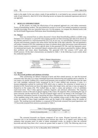  ISSN: 2088-8708
Int J Elec & Comp Eng, Vol. 12, No. 6, December 2022: 6350-6362
6356
nodes in the graph. In the case where a node of type problem Kp is not linked to any common nodes with a
node of type solution Ks, then Cd=0. In the following section we expose the conducted experiment and test of
our approach.
3. RESULTS AND DISCUSSION
In this section, we study the effectiveness of our proposed approach on a real online community
forum of breastfeeding mothers. The goal behind this section is to test if our method succeeded at extraction
valuable knowledge from raw instructed forum text. For this purpose, we compare the obtained results with
the World Health Organization Publication about breastfeeding knowledge.
3.1. Dataset
Data was extracted from an online discussion’s forum about breastfeeding publicly available using
Octoparse tool. Octoparse is a powerful web scraping tool that can help extracting open data from almost all
the websites and turn it to a well-structured file [22], [23]. In our case, we used Octoparse software to extract
all posts and comments created in the online forum until the date of the data collection. The tool generated a
cell surface vimentin (CSV) file containing two types of columns about online discussions: posts and answers
(each column contains a comment to a specific post). In the generated CSV file, each line represents a post.
As mentioned previously, the constituted dataset contains posts and answers generated by mothers sharing
their problems and issues about breastfeeding. The generated CSV file contains 2,557 posts and
20,456 answers. All the data’s characteristics are detailed in Table 1. In the following we give results about
the conducted experiment.
Table 1. Dataset characteristics
Characteristic Description
Text Language English
Type of text User-generated text in an online forum community
Number of posts 2,557 posts
Number of answers 20,456 answers
3.2. Results
3.2.1. Keywords problem and solutions extraction
After constructing our dataset composed of posts and their related answers, we start the keyword
extraction step. Our goal is to extract meaningful keywords characterizing each problem and its solutions. In
our context, we choose TerMine [24], a multi-word automatic term recognizer (ATR) that annotates the input
text with candidate multiword terms recognized by the C-value method and acronyms. C-value is a
domain-independent method for multiword ATR which aims to improve the extraction of nested terms as
detailed in [24]. Nested terms are those that appear within other longer terms, and may or may not appear by
themselves in the corpus [24]. This method takes as input a corpus and produces a list of candidates
multi-word terms. The C-value approach combines linguistic and statistical information. The linguistic
information consists of the part-of speech tagging of the corpus, the linguistic filter constraining the type of
terms extracted, and the stop-list [24]. The part-of-speech tagger used for our dataset is the TreeTagger [25].
The statistical information consists of measuring the above characteristics: the total frequency of occurrence
of the candidate string in the corpus, the frequency of the candidate string as part of other longer candidate
terms, the number of these longer candidate terms and the length of the candidate string (in number of
words). The resulting keywords database is composed of 69 keywords extracted from posts (questions) and
135 keywords extracted from answers as presented in Table 2.
Table 2. Keyword’s extraction results
Post’s/question’s text Answer’s text
Number of extracted keywords 69 135
The extracted keywords are bigram composed of two terms. Bi-gram keywords play a very
important role in our knowledge extraction process because they allow us to capture more meaning and
semantics than uni-gram terms. In order to obtain meaningful results, we decide to filter the extracted
keywords and only keep those who’s scores are greater than or equal to 2 [26]. The following step in our
 