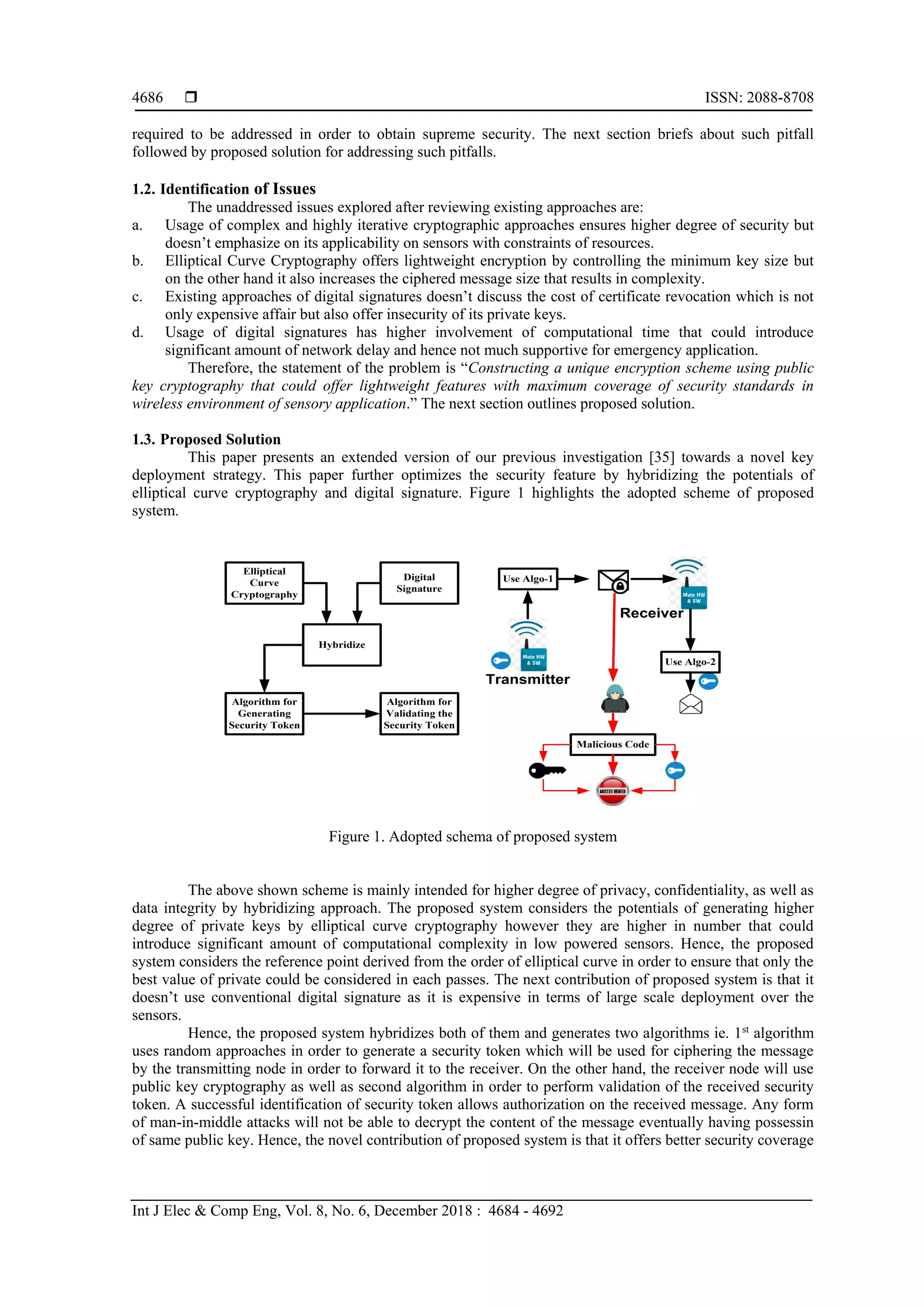  ISSN: 2088-8708 Int J Elec & Comp Eng, Vol. 8, No. 6, December 2018 : 4684 - 4692 4686 required to be addressed in order to obtain supreme security. The next section briefs about such pitfall followed by proposed solution for addressing such pitfalls. 1.2. Identification of Issues The unaddressed issues explored after reviewing existing approaches are: a. Usage of complex and highly iterative cryptographic approaches ensures higher degree of security but doesn’t emphasize on its applicability on sensors with constraints of resources. b. Elliptical Curve Cryptography offers lightweight encryption by controlling the minimum key size but on the other hand it also increases the ciphered message size that results in complexity. c. Existing approaches of digital signatures doesn’t discuss the cost of certificate revocation which is not only expensive affair but also offer insecurity of its private keys. d. Usage of digital signatures has higher involvement of computational time that could introduce significant amount of network delay and hence not much supportive for emergency application. Therefore, the statement of the problem is “Constructing a unique encryption scheme using public key cryptography that could offer lightweight features with maximum coverage of security standards in wireless environment of sensory application.” The next section outlines proposed solution. 1.3. Proposed Solution This paper presents an extended version of our previous investigation [35] towards a novel key deployment strategy. This paper further optimizes the security feature by hybridizing the potentials of elliptical curve cryptography and digital signature. Figure 1 highlights the adopted scheme of proposed system. Figure 1. Adopted schema of proposed system The above shown scheme is mainly intended for higher degree of privacy, confidentiality, as well as data integrity by hybridizing approach. The proposed system considers the potentials of generating higher degree of private keys by elliptical curve cryptography however they are higher in number that could introduce significant amount of computational complexity in low powered sensors. Hence, the proposed system considers the reference point derived from the order of elliptical curve in order to ensure that only the best value of private could be considered in each passes. The next contribution of proposed system is that it doesn’t use conventional digital signature as it is expensive in terms of large scale deployment over the sensors. Hence, the proposed system hybridizes both of them and generates two algorithms ie. 1st algorithm uses random approaches in order to generate a security token which will be used for ciphering the message by the transmitting node in order to forward it to the receiver. On the other hand, the receiver node will use public key cryptography as well as second algorithm in order to perform validation of the received security token. A successful identification of security token allows authorization on the received message. Any form of man-in-middle attacks will not be able to decrypt the content of the message eventually having possessin of same public key. Hence, the novel contribution of proposed system is that it offers better security coverage Algorithm for Generating Security Token Algorithm for Validating the Security Token Elliptical Curve Cryptography Digital Signature Hybridize Transmitter Receiver Use Algo-1 Use Algo-2 Malicious Code 