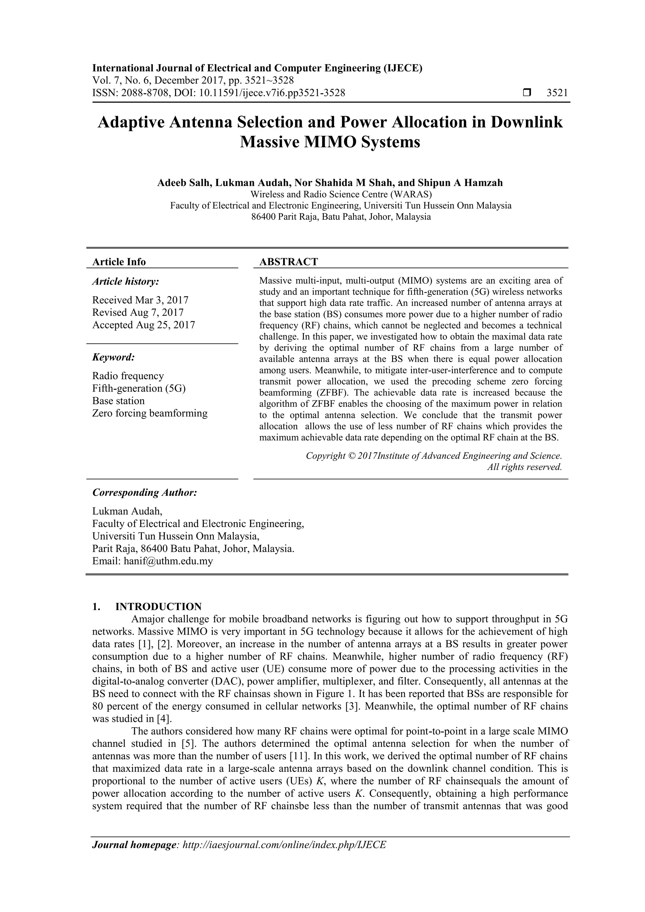 Adaptive Antenna Selection and Power Allocation in Downlink Massive ...