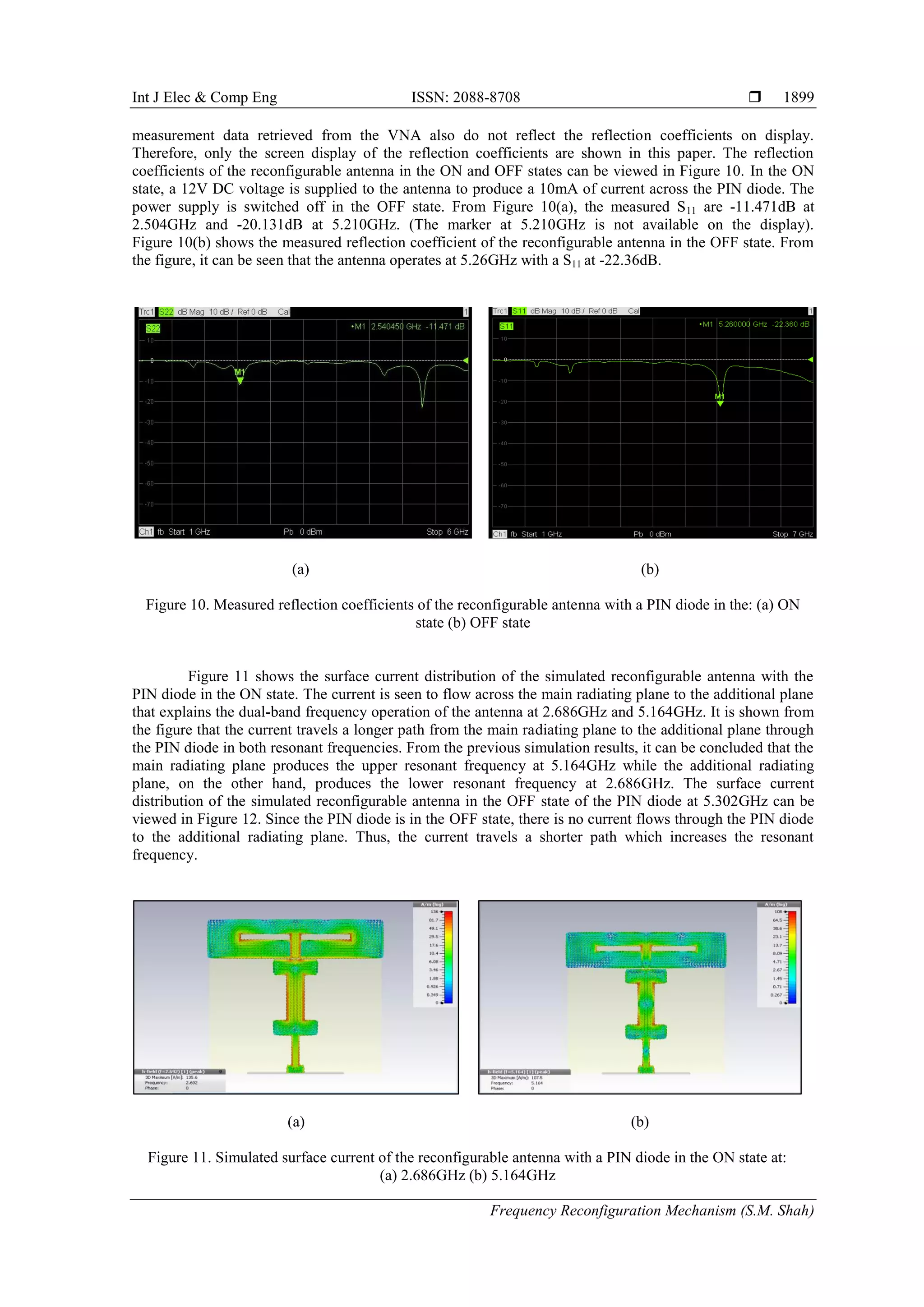Int J Elec & Comp Eng ISSN: 2088-8708 
Frequency Reconfiguration Mechanism (S.M. Shah)
1899
measurement data retrieved from the VNA also do not reflect the reflection coefficients on display.
Therefore, only the screen display of the reflection coefficients are shown in this paper. The reflection
coefficients of the reconfigurable antenna in the ON and OFF states can be viewed in Figure 10. In the ON
state, a 12V DC voltage is supplied to the antenna to produce a 10mA of current across the PIN diode. The
power supply is switched off in the OFF state. From Figure 10(a), the measured S11 are -11.471dB at
2.504GHz and -20.131dB at 5.210GHz. (The marker at 5.210GHz is not available on the display).
Figure 10(b) shows the measured reflection coefficient of the reconfigurable antenna in the OFF state. From
the figure, it can be seen that the antenna operates at 5.26GHz with a S11 at -22.36dB.
(a) (b)
Figure 10. Measured reflection coefficients of the reconfigurable antenna with a PIN diode in the: (a) ON
state (b) OFF state
Figure 11 shows the surface current distribution of the simulated reconfigurable antenna with the
PIN diode in the ON state. The current is seen to flow across the main radiating plane to the additional plane
that explains the dual-band frequency operation of the antenna at 2.686GHz and 5.164GHz. It is shown from
the figure that the current travels a longer path from the main radiating plane to the additional plane through
the PIN diode in both resonant frequencies. From the previous simulation results, it can be concluded that the
main radiating plane produces the upper resonant frequency at 5.164GHz while the additional radiating
plane, on the other hand, produces the lower resonant frequency at 2.686GHz. The surface current
distribution of the simulated reconfigurable antenna in the OFF state of the PIN diode at 5.302GHz can be
viewed in Figure 12. Since the PIN diode is in the OFF state, there is no current flows through the PIN diode
to the additional radiating plane. Thus, the current travels a shorter path which increases the resonant
frequency.
(a) (b)
Figure 11. Simulated surface current of the reconfigurable antenna with a PIN diode in the ON state at:
(a) 2.686GHz (b) 5.164GHz
 