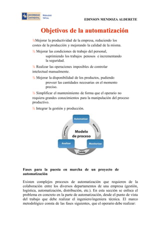 EDINSON MENDOZA ALDERETE 
Objjettiivos de lla auttomattiizaciión 
¾Mejorar la productividad de la empresa, reduciendo los costes de la producción y mejorando la calidad de la misma. 
¾ Mejorar las condiciones de trabajo del personal, suprimiendo los trabajos penosos e incrementando la seguridad. 
¾ Realizar las operaciones imposibles de controlar intelectual manualmente. 
¾ Mejorar la disponibilidad de los productos, pudiendo proveer las cantidades necesarias en el momento preciso. 
¾ Simplificar el mantenimiento de forma que el operario no requiera grandes conocimientos para la manipulación del proceso productivo. 
¾ Integrar la gestión y producción. 
Fases para la puesta en marcha de un proyecto de automatización 
Existen complejos procesos de automatización que requieren de la colaboración entre los diversos departamentos de una empresa (gestión, logística, automatización, distribución, etc.). En esta sección se enfoca el problema en concreto en la parte de automatización, desde el punto de vista del trabajo que debe realizar el ingeniero/ingeniera técnica. El marco metodológico consta de las fases siguientes, que el operario debe realizar:  