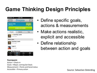 Game Thinking Design Principles<br />Define specific goals, actions & measurements<br />Make actions realistic, explicit a...