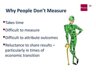 Why People Don’t Measure
Takes time
Difficult to measure
Difficult to attribute outcomes
Reluctance to share results –
particularly in times of
economic transition
10
 