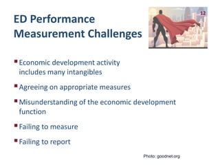 Economic development activity
includes many intangibles
Agreeing on appropriate measures
Misunderstanding of the economic development
function
Failing to measure
Failing to report
ED Performance
Measurement Challenges
12
Photo: goodnet.org
 