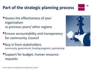 Assess the effectiveness of your
organization
vs previous years/ other regions
Ensure accountability and transparency
for community, Council
Buy in from stakeholders
community, government, funding programs, sponsorship
Support for budget, human resource
requests
16
Source: forbes.com What gets measured gets done or does it?
Part of the strategic planning process
 