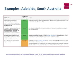 Examples: Adelaide, South Australia
www.economic.priorities.sa.gov.au/priorities/adelaide_-_heart_of_the_vibrant_state/progress_against_objectives
39
 