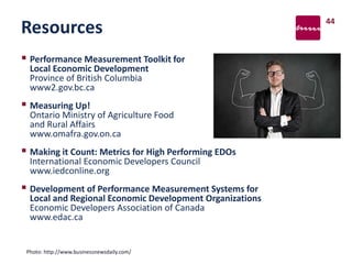 Resources
 Performance Measurement Toolkit for
Local Economic Development
Province of British Columbia
www2.gov.bc.ca
 Measuring Up!
Ontario Ministry of Agriculture Food
and Rural Affairs
www.omafra.gov.on.ca
 Making it Count: Metrics for High Performing EDOs
International Economic Developers Council
www.iedconline.org
 Development of Performance Measurement Systems for
Local and Regional Economic Development Organizations
Economic Developers Association of Canada
www.edac.ca
44
Photo: http://www.businessnewsdaily.com/
 