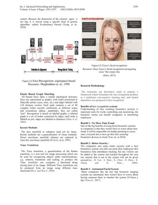 Int. J. Advanced Networking and Applicatio
Volume: 6 Issue: 4 Pages: 2393-2397 (2
system. Because the dimension of the solu
too big, it is solved using a specific k
algorithm called; Evolutionary Pursuit
2010)
Figure (2) Face Recognition- eigensp
Recourse: Moghaddam et. al.,
Elastic Bunch Graph Matching
All human faces share a similar topolog
faces are represented as graphs, with node
fiducially points (eyes, nose, etc.) and edg
2-D distance vectors. Each node contain
complex Gabor wavelet coefficients at d
and orientations (phase, amplitude), th
"jets". Recognition is based on labeled gra
graph is a set of nodes connected by edge
labeled as jets, edges are labeled as distanc
2006).
Kernel Methods
The face manifold in subspace need n
Kernel methods are a generalization of li
Direct non-linear manifold schemes are
learn this non-linear manifold (Wiskott, al e
Trace Transform
The Trace transform, a generalization
transform, is a new tool for image process
be used for recognizing objects under tr
e.g. rotation, translation and scaling; to
Trace transform one computes a fun
tracing lines of an image. Different Trace
be produced from an image using d
functional (Hu L and Wei Z, 2009).
ons
015) ISSN: 0975-0290
ution space is
ind of genetic
(Yong, et al.,
pace-based
, 1998
gical structure;
es positioned at
es labeled with
ns a set of 40
different scales
hey are called
aphs, a labeled
s; each node is
ces (Zhao et al,
not be linear.
inear methods.
e explored to
et, 1995).
of the Radon
sing which can
ransformations,
o produce the
nctional along
transforms can
different trace
Figure (3) Tesco’s facial rec
Resource: Does Tesco’s facial recog
cross “the creepy lin
(Does, 2013).
Research Methodology
The researcher use descriptive st
framework which formulates the face
as a multiclass cost-sensitive learnin
algorithms was proposed to face recog
Benefits of face recognition systems
Understanding of face scanning bio
important tools for works controlling
biometric clocks can benefit compa
employees.
Benefit 1 - No More Time Fraud:
One of the big benefits of using facial b
in companies is that they weren't have
fraud, it will be impossible for buddy p
since everyone has to have go thru face
biometrics devices to clock (Yun. al., e
Benefit 2 - Better Security :
The companies also enjoy better se
biometrics system, not only can track t
biometrics time attendance tracking, b
be added to the system and tracked
too, anyone that is not in the system
access(Gao , B. Cao , S. Shan , X. C
Zhang and D. Z
Benefit 3 - Automated Facial System
Many companies like the fact that
systems are automated, they weren't h
having someone there to monitor the
day (Xuet al,. 2007).
2395
cognition
gnition ad targeting
ne
tudy to propose a
recognition problem
ng task, and related
nition.
ometrics security is
and monitoring, the
anies in monitoring
biometric systems
to worry about time
punching to occur,
e scanning
et 2010)
ecurity with a face
their employees thru
but any visitors can
throughout the area
m will not be given
Chen , D. Zhou , X.
Zhao ., 2008).
m:
biometric imaging
have to worry about
e system 24 hours a
 