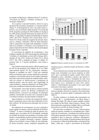 de trabalho de Mineração e Matérias-Primas24
, de Desen-
volvimento de Massas e Produtos Cerâmicos7
e de
Avaliação Ambiental11
.
Ao se analisar o mercado brasileiro, observa-se que a
década de 90 consolidou a produção e o consumo interno4
(Figura 7). O desempenho do setor vem sendo muito ex-
pressivo, com crescimento médio anual de 11% na década
de 90, atingindo a produção de 428,5 milhões m2
de placas
em 1999, proporcionando faturamento da ordem de U$ 2,3
bilhões. A capacidade instalada está distribuída no Sudeste
(58%), Sul (33%), Nordeste (6%), Centro-Oeste (2%) e
Norte (1%). Neste cenário de expansão de mercado, desta-
cam-se o Sudeste, sobretudo o Pólo de Santa Gertrudes,
onde os empresários da região estão ampliando e constru-
indo novas unidades; e o Nordeste, com a entrada de novos
grupos empresariais do Sul e Sudeste, além da participação
de grupos locais e regionais.
O crescimento da indústria de revestimento é uma
tendência mundial. Em 1995 eram produzidos globalmente
3,2 bilhões m2
, distribuídos na Ásia (40%), Europa (40%),
América do Sul (14%), América do Norte (3%) e África
(3%)25
. Em 1998, a produção já atingia 3,1 bilhões m2
somente entre os 5 maiores produtores, como ilustra a
Figura 8.
Com relação ao mercado externo, o Brasil exporta cerca
de 10% da sua produção (42,6 milhões de m2
em 1998),
representando apenas 5% das exportações mundiais.
Segundo as entidades do setor4
, o País tem condições
técnico-econômicas para o avanço significativo nesta par-
ticipação e vem fazendo esforço nesse sentido. Entretanto,
nem todo o setor mostra tal grau de competitividade, sobre-
tudo em relação ao abastecimento e preparação de
matérias-primas, uma das partes mais fragilizadas da
cadeia produtiva, conforme diagnóstico do Projeto Plata-
forma para a Indústria Cerâmica de Revestimento8,15
.
Tecnicamente, vários tipos de placas cerâmicas podem
ser produzidas, através de distintas combinações de
matérias-primas e processos de produção. Os principais
produtos, classificados de acordo com a absorção de água
e resistência mecânica são apresentados no Quadro 2.
Aqui ressaltam-se as técnicas de moagem da matéria-
prima e preparação massa como fator importante no pro-
duto cerâmico. Os dois processos principais são via seca e
via úmida.
Nas indústrias de revestimentos via seca é utilizada a
massa simples ou natural, conforme definição de Emiliani,
Corbara10
. A massa é formada de argila de queima aver-
melhada, que é seca abaixo de 5% de umidade, cominuída
em moinhos de martelo e/ou pendulares, levemente umidi-
ficadas, e encaminhadas ao processamento cerâmico (pren-
sagem a seco, secagem, decoração e queima). Algumas
fábricas fora do Brasil, como na Itália, já vêm utilizando,
de forma inovadora, massas compostas preparadas por
moagem via seca, conforme estudos de Nassetti e colabo-
radores13,17-19
.
Os revestimentos da via úmida são de base preferencial-
mente clara, formulados com massa composta ou artifi-
cial10
, que é constituída de argilas, caulim, filito, rochas
feldspáticas, talco, carbonatos e quartzo, que reúnem os
materiais fundentes, inertes e formadores de vidro. Essa
mistura é moída e homogeneizada em moinhos de bola, em
meio aquoso; seca e granulada em spray dryer (atomi-
zador); e conformada por prensagem a seco, para seguir
então para a decoração e queima.
A seleção das matérias-primas busca dar cor branca ou
clara aos produtos (biscoito ou suporte) e boa sinterização
nas condições de queima rápida e temperaturas abaixo de
1200 °C.
Os pólos cerâmicos via úmida estão concentrados em
Criciúma, SC, e, secundariamente, em Mogi Guaçu e
Grande São Paulo, SP, além de outras unidades isoladas
nos estados de São Paulo, Santa Catarina e Paraná. Tam-
bém já apresenta as primeiras unidades fabris se utilizando
desse processo no Pólo de Santa Gertrudes, SP.
Por outro lado, as indústrias “via seca” utilizam apenas
argilas de queima vermelha ou avermelhada para a fabri-
cação dos revestimentos. A produção das matérias-primas
é feita pelas operações de lavra, secagem e moagem a seco,
seguindo-se para os processos cerâmicos subseqüentes,
similares aos da via úmida. O grande produtor deste tipo de
revestimento é o Pólo de Santa Gertrudes, no Estado de São
Paulo, sendo que a argila é proveniente da Formação
Figura 7. Evolução da produção brasileira de revestimentos4
.
Figura 8. Produtores mundiais de pisos e revestimentos em 19984
.
Cerâmica Industrial, 6 (2) Março/Abril, 2001 35
 