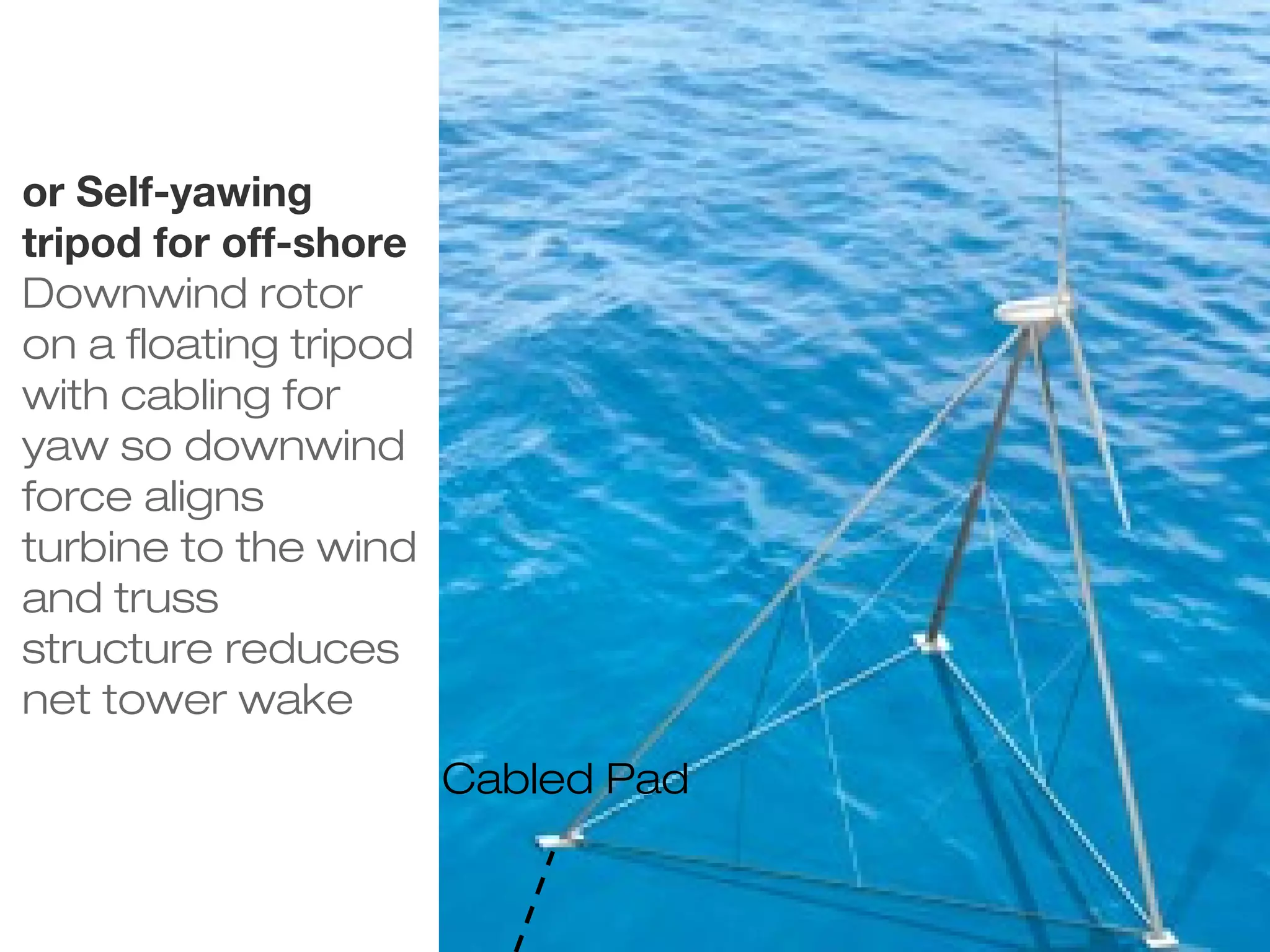 26 
or Self-yawing 
tripod for off-shore 
Downwind rotor 
on a floating tripod 
with cabling for 
yaw so downwind 
force aligns 
turbine to the wind 
and truss 
structure reduces 
net tower wake 
Cabled Pad 
 