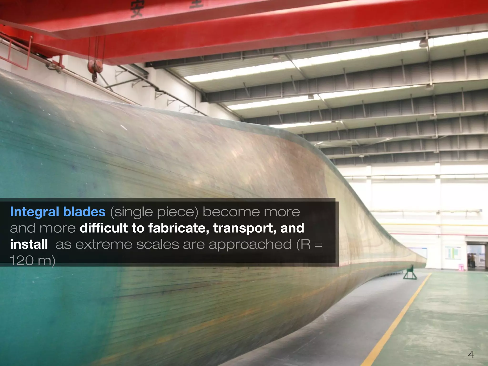 4 
Integral blades (single piece) become more 
and more difficult to fabricate, transport, and 
install as extreme scales are approached (R = 
120 m) 
 