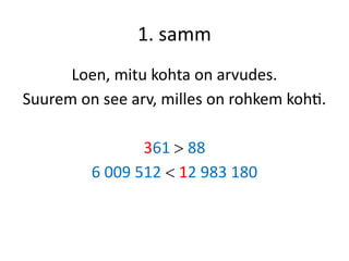 1. samm
Loen, mitu kohta on arvudes.
Suurem on see arv, milles on rohkem kohti.
361  88
6 009 512  12 983 180
 