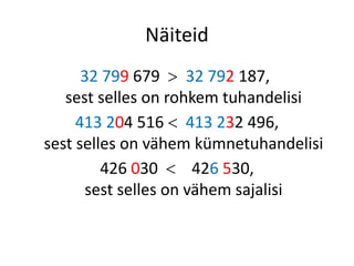 Näiteid
32 799 679  32 792 187,
sest selles on rohkem tuhandelisi
413 204 516  413 232 496,
sest selles on vähem kümnetuhandelisi
426 030  426 530,
sest selles on vähem sajalisi
 