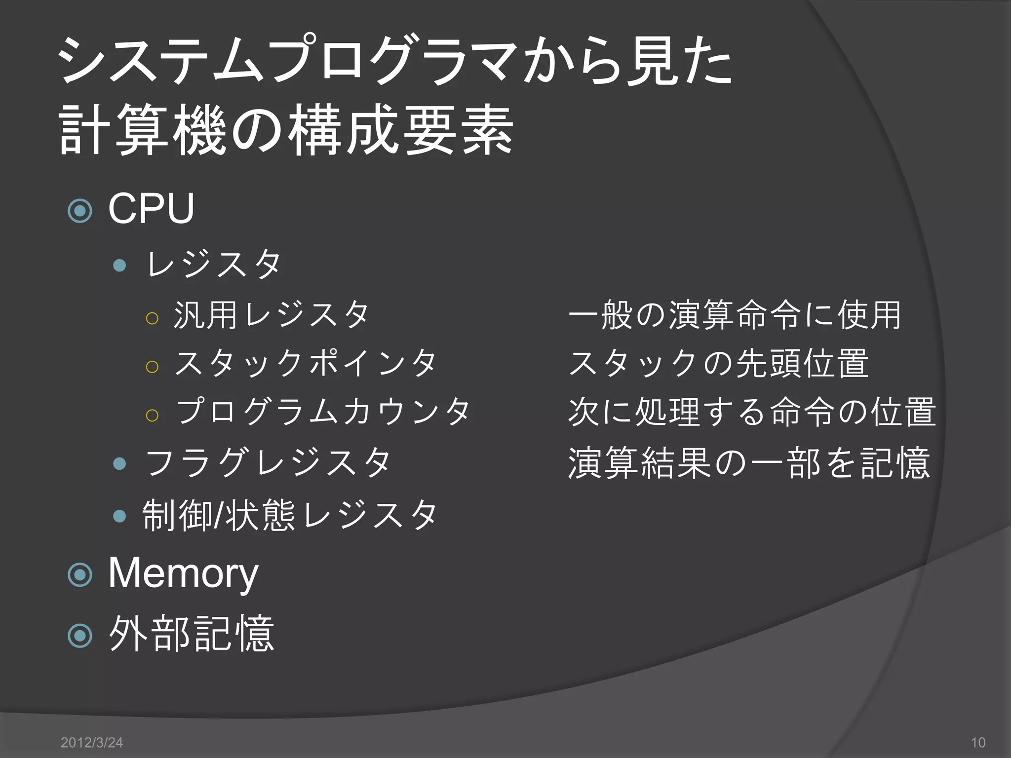 システムプログラマから見た 計算機の構成要素  CPU  レジスタ ○ 汎用レジスタ 一般の演算命令に使用 ○ スタックポインタ スタックの先頭位置 ○ プログラムカウンタ 次に処理する命令の位置  フラグレジスタ 演算結果の一部を記憶  制御/状態レジスタ  Memory  外部記憶 2012/3/24 10 