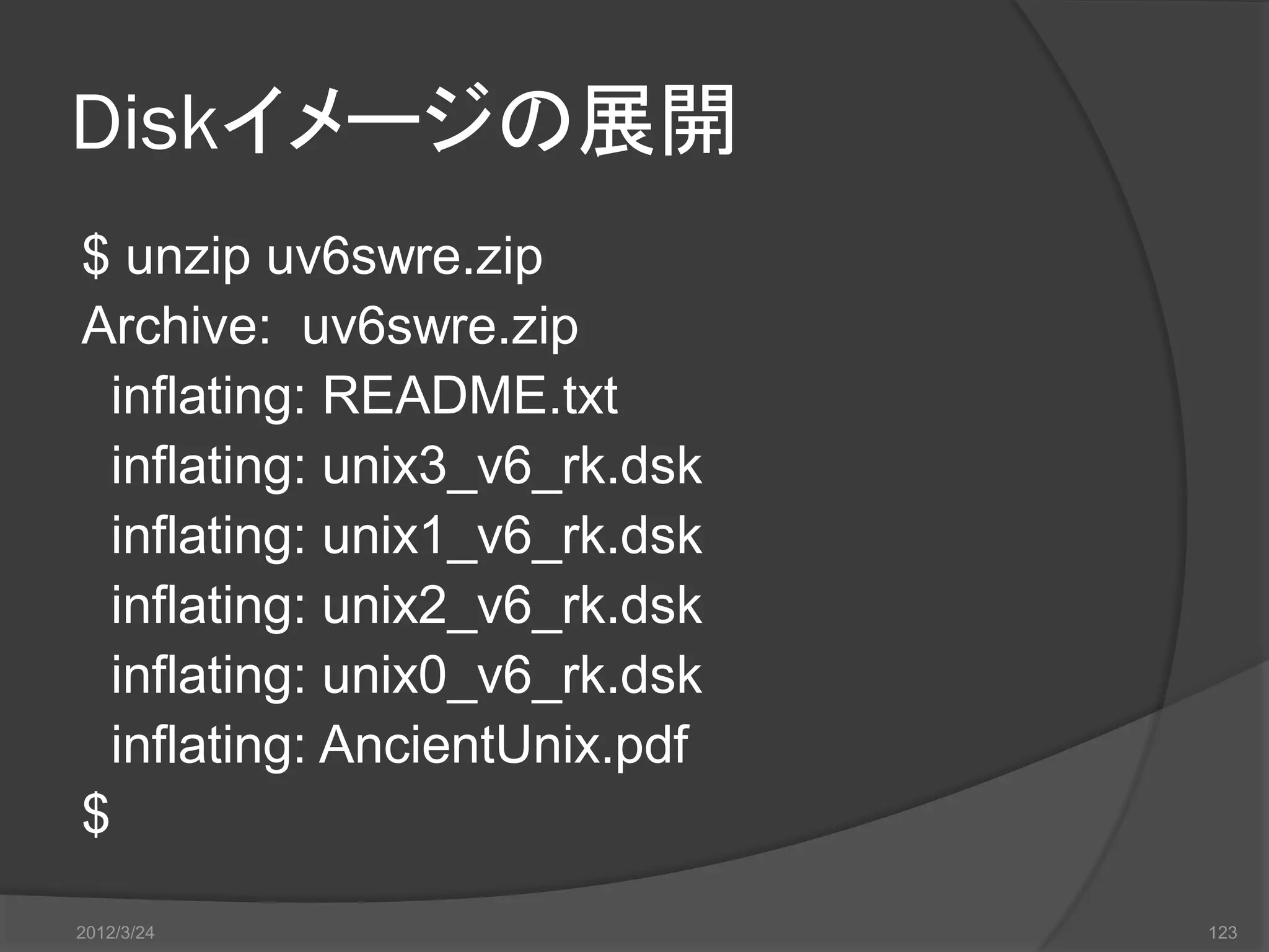 Diskイメージの展開 $ unzip uv6swre.zip Archive: uv6swre.zip inflating: README.txt inflating: unix3_v6_rk.dsk inflating: unix1_v6_rk.dsk inflating: unix2_v6_rk.dsk inflating: unix0_v6_rk.dsk inflating: AncientUnix.pdf $ 2012/3/24 123 