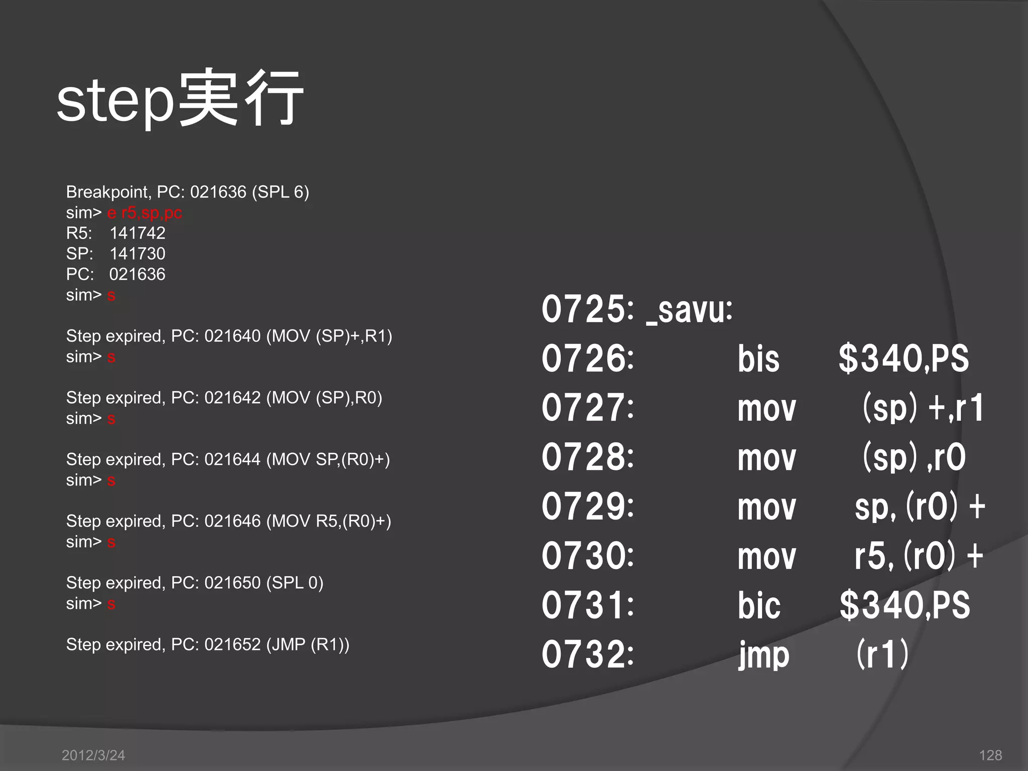 step実行 Breakpoint, PC: 021636 (SPL 6) sim> e r5,sp,pc R5: 141742 SP: 141730 PC: 021636 sim> s 0725: _savu: Step expired, PC: 021640 (MOV (SP)+,R1) sim> s 0726: bis $340,PS Step expired, PC: 021642 (MOV (SP),R0) sim> s 0727: mov (sp)+,r1 Step expired, PC: 021644 (MOV SP,(R0)+) sim> s 0728: mov (sp),r0 Step expired, PC: 021646 (MOV R5,(R0)+) 0729: mov sp,(r0)+ sim> s 0730: mov r5,(r0)+ Step expired, PC: 021650 (SPL 0) sim> s 0731: bic $340,PS Step expired, PC: 021652 (JMP (R1)) 0732: jmp (r1) 2012/3/24 128 