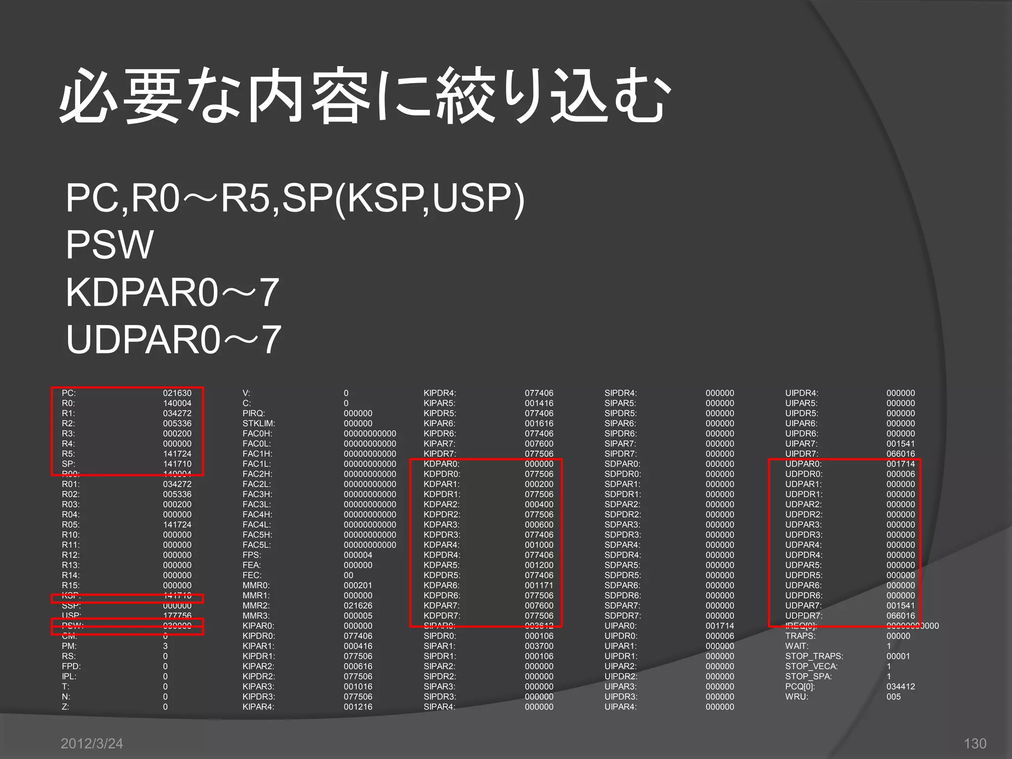 必要な内容に絞り込む PC,R0～R5,SP(KSP,USP) PSW KDPAR0～7 UDPAR0～7 PC: 021630 V: 0 KIPDR4: 077406 SIPDR4: 000000 UIPDR4: 000000 R0: 140004 C: 0 KIPAR5: 001416 SIPAR5: 000000 UIPAR5: 000000 R1: 034272 PIRQ: 000000 KIPDR5: 077406 SIPDR5: 000000 UIPDR5: 000000 R2: 005336 STKLIM: 000000 KIPAR6: 001616 SIPAR6: 000000 UIPAR6: 000000 R3: 000200 FAC0H: 00000000000 KIPDR6: 077406 SIPDR6: 000000 UIPDR6: 000000 R4: 000000 FAC0L: 00000000000 KIPAR7: 007600 SIPAR7: 000000 UIPAR7: 001541 R5: 141724 FAC1H: 00000000000 KIPDR7: 077506 SIPDR7: 000000 UIPDR7: 066016 SP: 141710 FAC1L: 00000000000 KDPAR0: 000000 SDPAR0: 000000 UDPAR0: 001714 R00: 140004 FAC2H: 00000000000 KDPDR0: 077506 SDPDR0: 000000 UDPDR0: 000006 R01: 034272 FAC2L: 00000000000 KDPAR1: 000200 SDPAR1: 000000 UDPAR1: 000000 R02: 005336 FAC3H: 00000000000 KDPDR1: 077506 SDPDR1: 000000 UDPDR1: 000000 R03: 000200 FAC3L: 00000000000 KDPAR2: 000400 SDPAR2: 000000 UDPAR2: 000000 R04: 000000 FAC4H: 00000000000 KDPDR2: 077506 SDPDR2: 000000 UDPDR2: 000000 R05: 141724 FAC4L: 00000000000 KDPAR3: 000600 SDPAR3: 000000 UDPAR3: 000000 R10: 000000 FAC5H: 00000000000 KDPDR3: 077406 SDPDR3: 000000 UDPDR3: 000000 R11: 000000 FAC5L: 00000000000 KDPAR4: 001000 SDPAR4: 000000 UDPAR4: 000000 R12: 000000 FPS: 000004 KDPDR4: 077406 SDPDR4: 000000 UDPDR4: 000000 R13: 000000 FEA: 000000 KDPAR5: 001200 SDPAR5: 000000 UDPAR5: 000000 R14: 000000 FEC: 00 KDPDR5: 077406 SDPDR5: 000000 UDPDR5: 000000 R15: 000000 MMR0: 000201 KDPAR6: 001171 SDPAR6: 000000 UDPAR6: 000000 KSP: 141710 MMR1: 000000 KDPDR6: 077506 SDPDR6: 000000 UDPDR6: 000000 SSP: 000000 MMR2: 021626 KDPAR7: 007600 SDPAR7: 000000 UDPAR7: 001541 USP: 177756 MMR3: 000005 KDPDR7: 077506 SDPDR7: 000000 UDPDR7: 066016 PSW: 030000 KIPAR0: 000000 SIPAR0: 003612 UIPAR0: 001714 IREQ[0]: 00000000000 CM: 0 KIPDR0: 077406 SIPDR0: 000106 UIPDR0: 000006 TRAPS: 00000 PM: 3 KIPAR1: 000416 SIPAR1: 003700 UIPAR1: 000000 WAIT: 1 RS: 0 KIPDR1: 077506 SIPDR1: 000106 UIPDR1: 000000 STOP_TRAPS: 00001 FPD: 0 KIPAR2: 000616 SIPAR2: 000000 UIPAR2: 000000 STOP_VECA: 1 IPL: 0 KIPDR2: 077506 SIPDR2: 000000 UIPDR2: 000000 STOP_SPA: 1 T: 0 KIPAR3: 001016 SIPAR3: 000000 UIPAR3: 000000 PCQ[0]: 034412 N: 0 KIPDR3: 077506 SIPDR3: 000000 UIPDR3: 000000 WRU: 005 Z: 0 KIPAR4: 001216 SIPAR4: 000000 UIPAR4: 000000 2012/3/24 130 